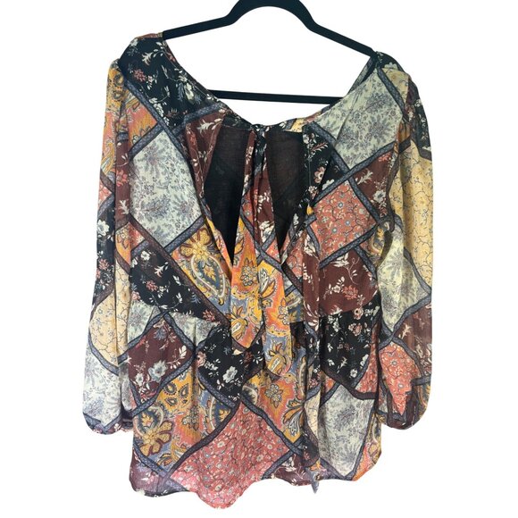 American Eagle Womens Patchwork Floral Long Sleeve Boho Top L Polyester - Picture 3 of 9